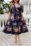 hulianfu Casual Print Frenulum V Neck A Line Plus Size Dresses