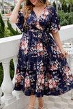 hulianfu Casual Print Frenulum V Neck A Line Plus Size Dresses