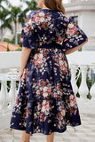 hulianfu Casual Print Frenulum V Neck A Line Plus Size Dresses