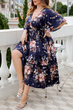 hulianfu Casual Print Frenulum V Neck A Line Plus Size Dresses