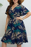 hulianfu Casual Print Patchwork V Neck Short Sleeve Dress Plus Size Dresses