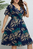 hulianfu Casual Print Patchwork V Neck Short Sleeve Dress Plus Size Dresses