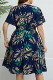 hulianfu Casual Print Patchwork V Neck Short Sleeve Dress Plus Size Dresses
