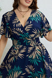 hulianfu Casual Print Patchwork V Neck Short Sleeve Dress Plus Size Dresses
