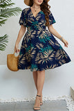 hulianfu Casual Print Patchwork V Neck Short Sleeve Dress Plus Size Dresses