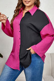 hulianfu Casual Patchwork Contrast Shirt Collar Plus Size Tops