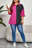 hulianfu Casual Patchwork Contrast Shirt Collar Plus Size Tops