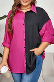 hulianfu Casual Patchwork Contrast Shirt Collar Plus Size Tops