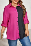 hulianfu Casual Patchwork Contrast Shirt Collar Plus Size Tops