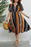 hulianfu Casual Print Patchwork V Neck Short Sleeve Dress Plus Size Dresses