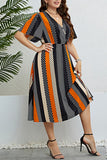 hulianfu Casual Print Patchwork V Neck Short Sleeve Dress Plus Size Dresses