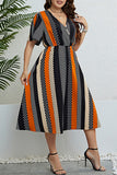hulianfu Casual Print Patchwork V Neck Short Sleeve Dress Plus Size Dresses