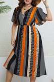hulianfu Casual Print Patchwork V Neck Short Sleeve Dress Plus Size Dresses