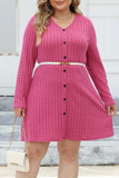 hulianfu Casual Solid Patchwork V Neck Long Sleeve Plus Size Dresses (Without Belt)