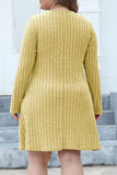hulianfu Casual Solid Patchwork V Neck Long Sleeve Plus Size Dresses (Without Belt)