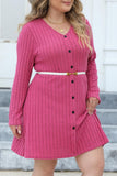 hulianfu Casual Solid Patchwork V Neck Long Sleeve Plus Size Dresses (Without Belt)