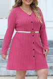 hulianfu Casual Solid Patchwork V Neck Long Sleeve Plus Size Dresses (Without Belt)