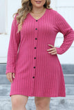 hulianfu Casual Solid Patchwork V Neck Long Sleeve Plus Size Dresses (Without Belt)
