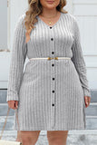 hulianfu Casual Solid Patchwork V Neck Long Sleeve Plus Size Dresses (Without Belt)