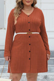 hulianfu Casual Solid Patchwork V Neck Long Sleeve Plus Size Dresses (Without Belt)