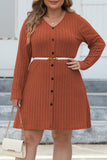hulianfu Casual Solid Patchwork V Neck Long Sleeve Plus Size Dresses (Without Belt)