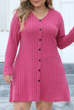 hulianfu Casual Solid Patchwork V Neck Long Sleeve Plus Size Dresses (Without Belt)
