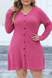 hulianfu Casual Solid Patchwork V Neck Long Sleeve Plus Size Dresses (Without Belt)