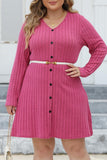 hulianfu Casual Solid Patchwork V Neck Long Sleeve Plus Size Dresses (Without Belt)