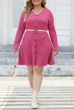 hulianfu Casual Solid Patchwork V Neck Long Sleeve Plus Size Dresses (Without Belt)
