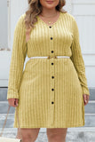 hulianfu Casual Solid Patchwork V Neck Long Sleeve Plus Size Dresses (Without Belt)