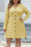 hulianfu Casual Solid Patchwork V Neck Long Sleeve Plus Size Dresses (Without Belt)