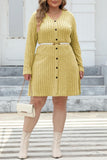 hulianfu Casual Solid Patchwork V Neck Long Sleeve Plus Size Dresses (Without Belt)