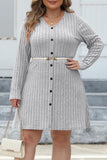 hulianfu Casual Solid Patchwork V Neck Long Sleeve Plus Size Dresses (Without Belt)