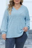 hulianfu Casual Solid Patchwork V Neck Plus Size Tops