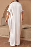 hulianfu Casual Solid Frenulum Slit O Neck Long Dress Plus Size Dresses