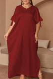 hulianfu Casual Solid Frenulum Slit O Neck Long Dress Plus Size Dresses