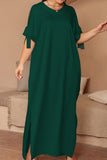 hulianfu Casual Solid Frenulum Slit O Neck Long Dress Plus Size Dresses