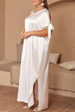 hulianfu Casual Solid Frenulum Slit O Neck Long Dress Plus Size Dresses