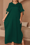 hulianfu Casual Solid Frenulum Slit O Neck Long Dress Plus Size Dresses