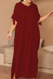 hulianfu Casual Solid Frenulum Slit O Neck Long Dress Plus Size Dresses