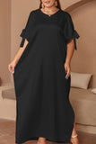 hulianfu Casual Solid Frenulum Slit O Neck Long Dress Plus Size Dresses