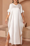 hulianfu Casual Solid Frenulum Slit O Neck Long Dress Plus Size Dresses