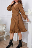 hulianfu Casual Solid Frenulum V Neck Long Sleeve Plus Size Dresses