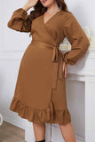 hulianfu Casual Solid Frenulum V Neck Long Sleeve Plus Size Dresses