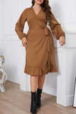 hulianfu Casual Solid Frenulum V Neck Long Sleeve Plus Size Dresses