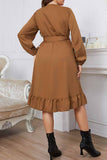 hulianfu Casual Solid Frenulum V Neck Long Sleeve Plus Size Dresses