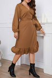 hulianfu Casual Solid Frenulum V Neck Long Sleeve Plus Size Dresses