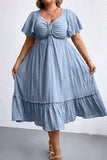 hulianfu Elegant Solid Fold V Neck Waist Skirt Plus Size Dresses