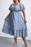 hulianfu Elegant Solid Fold V Neck Waist Skirt Plus Size Dresses