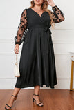 hulianfu British Style Elegant Solid Bandage See-through V Neck A Line Plus Size Dresses